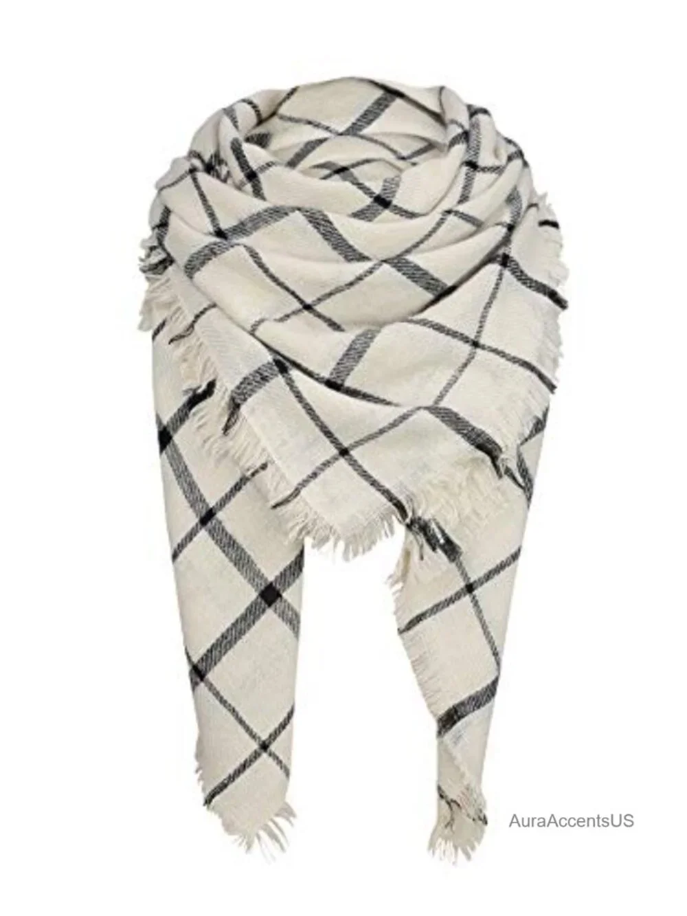 Oversized Plaid Tassel Scarf Wrap - Soft Polyester Faux Fur Blanket Scarf